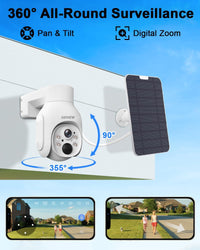 Solar Security Camera Outdoor Wireless, 4MP 360° Battery Powered Camera, PTZ WiFi Camera with PIR Motion Detection, Floodlight Color Night Vision, 2-Way Audio, Work with Alexa