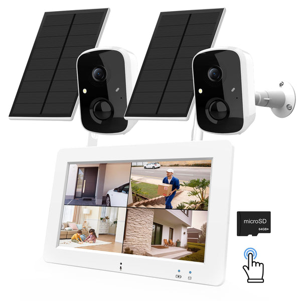 HXVIEW Solar Wireless Security Camera System with 7" Touchscreen Monitor, 2PCS 4MP WiFi Battery Powered Camera Outdoor, PIR Human Detection, 2-Way Audio, Color Night Vision, Pre-installed 64GB SD Card