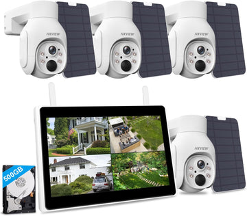 Solar Wireless Security Camera System with 10" LCD Monitor, 4PCS 4MP PTZ WiFi Battery Powered Camera Outdoor, 10CH Expandable NVR, 500GB HDD, PIR Human Detection, 2-Way Audio, Work with Alexa