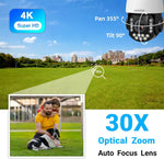 4K PTZ Security Camera Outdoor with 30X Optical Zoom, 1000FT Laser Night Vision, 8MP 360° WiFi Wireless RTSP IP Camera, Auto Tracking, Person/Vehicle Detection, 2.4/5GHz Wi-Fi, 2-Way Audio